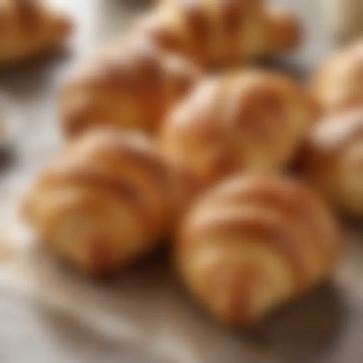 A close-up of freshly baked croissants, highlighting their shiny, buttery exterior.