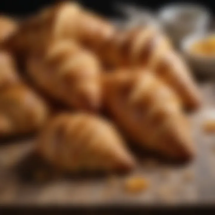 Golden-brown croissants arranged on a rustic wooden table, showcasing their flaky layers.