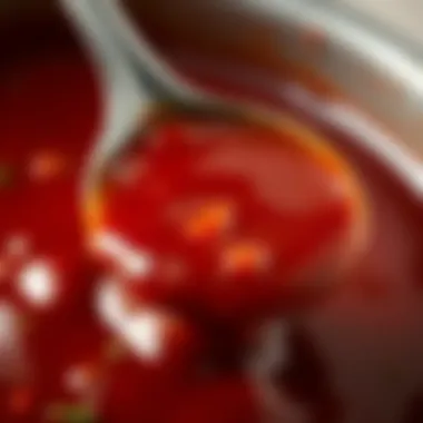 Close-Up of Traditional BBQ Sauce A close-up of a spoon dipping into a rich, thick BBQ sauce showcasing its texture and color.