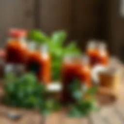 A rustic wooden table adorned with jars of homemade BBQ sauce, accompanied by fresh herbs and spices.