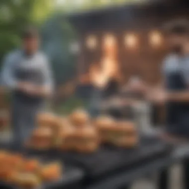 An outdoor grilling setup with friends enjoying burgers