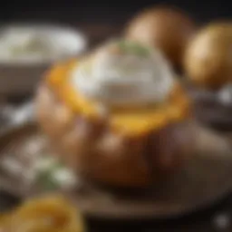 Close-up of a perfectly baked potato with a rich layer of sour cream