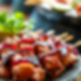 Marinated Pork Al Pastor Skewers A vibrant display of marinated pork al pastor skewered and ready for the grill