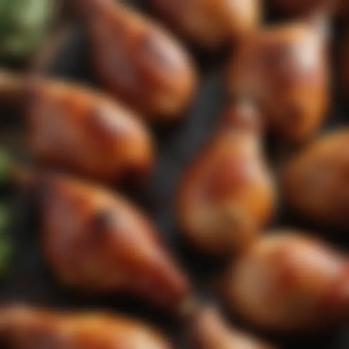 Close-up of succulent smoked chicken drumsticks glistening with glaze.