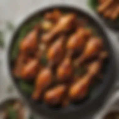 A beautifully arranged platter of smoked chicken drumsticks garnished with herbs.