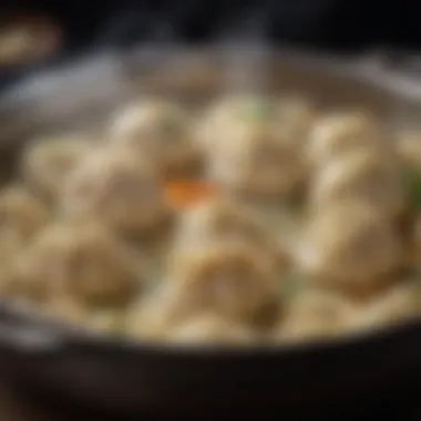 An exquisite close-up of steaming dumplings, highlighting texture and aroma