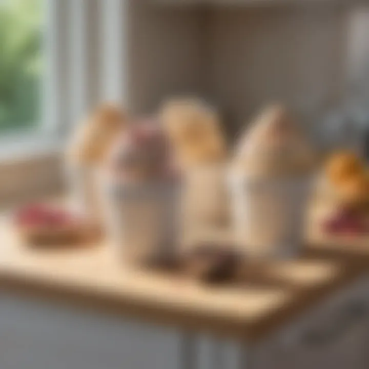 Insulated ice cream containers arranged on a kitchen counter