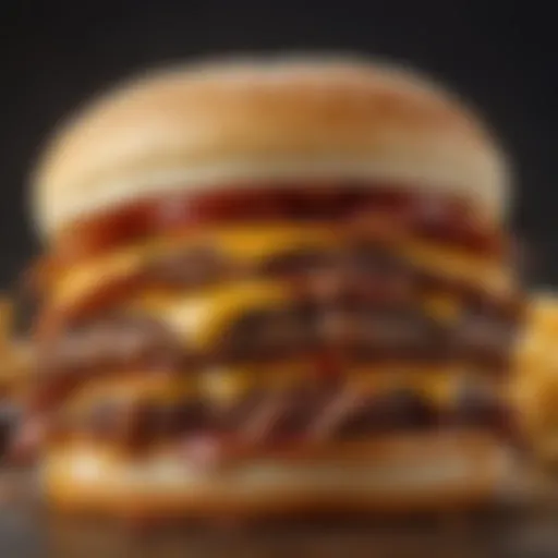 A close-up of a bacon double cheeseburger showcasing layers of juicy beef and crispy bacon