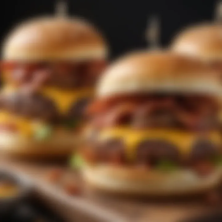 An array of gourmet bacon double cheeseburgers with unique toppings and presentations