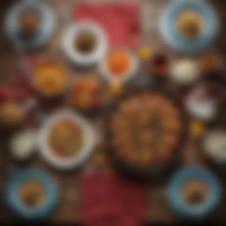 An overhead shot of a colorful table setting with various dishes.