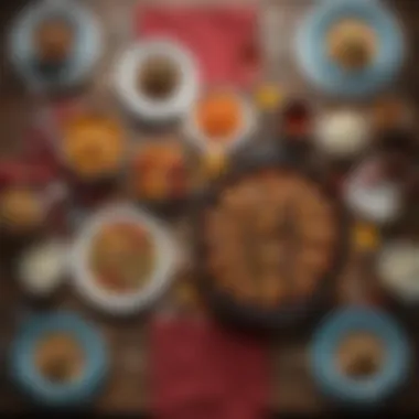 Colorful Table Setting from Above An overhead shot of a colorful table setting with various dishes.