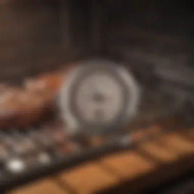 Oven and Meat Thermometer An oven set to the ideal temperature for reheating steak, with a focus on a meat thermometer.