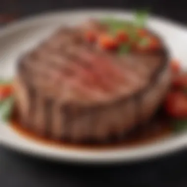 A perfectly reheated steak on a plate, showcasing its juicy texture and vibrant color.