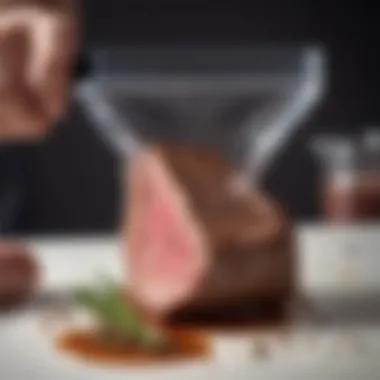 Sous Vide Steak Preparation A sous vide setup with a steak sealed in a bag, illustrating precision in reheating.