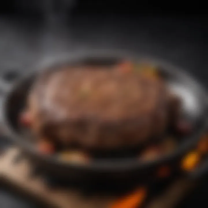 A stovetop skillet with a sizzling steak, highlighting the warming technique.