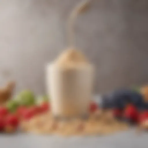 Whey protein powder in a scoop with a backdrop of fresh fruits and nuts