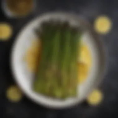 Roasted Asparagus with Lemon Zest A beautifully arranged dish of roasted asparagus with lemon zest.