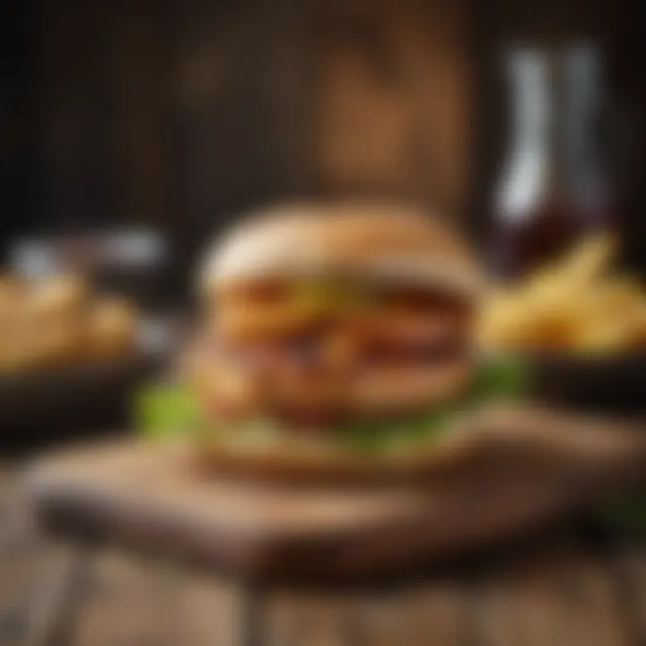 Juicy grilled chicken patty on a rustic wooden table