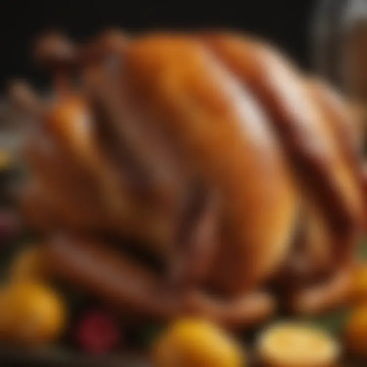 A close-up of a perfectly roasted turkey with golden skin