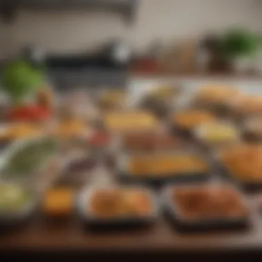 An organized kitchen with a variety of meal kits neatly displayed