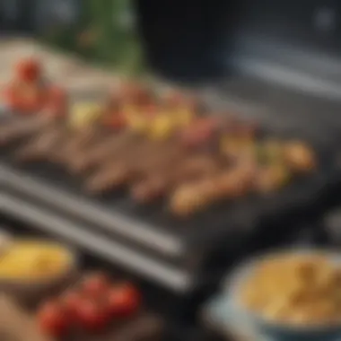 Delicious Outdoor Delicacies Close-up of a portable grill with various foods