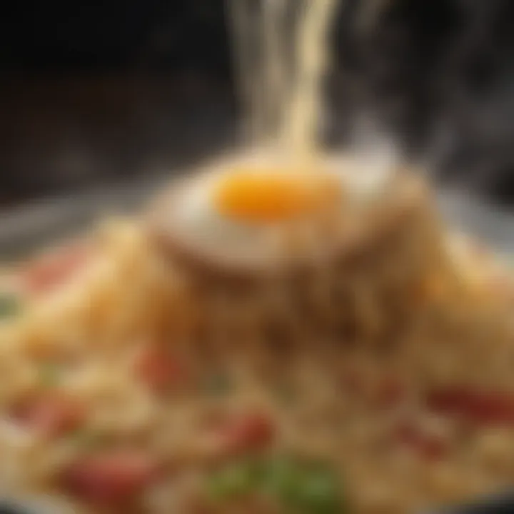 A close-up of ramen noodles with steam rising, highlighting their texture