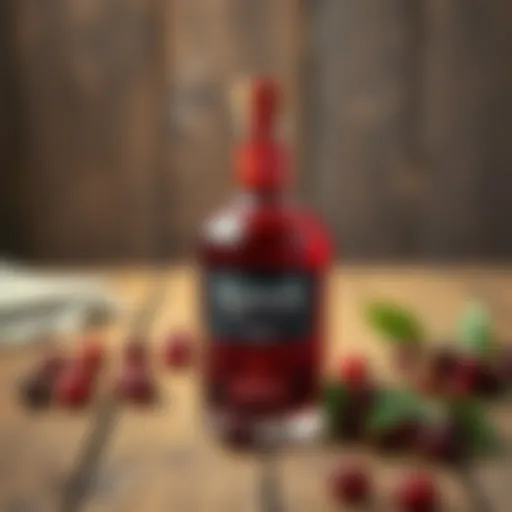 Vibrant bottle of kirsch on a rustic wooden table