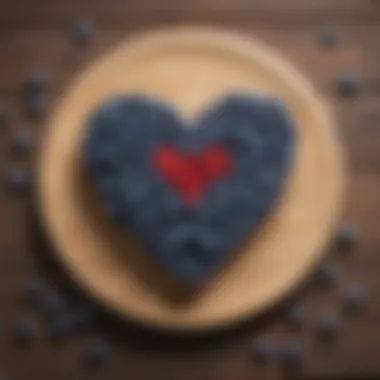 A heart symbol made of blueberries on a wooden table