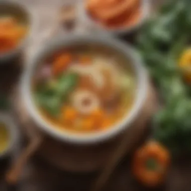 A bowl of nutritious broth with colorful vegetables, emphasizing health benefits