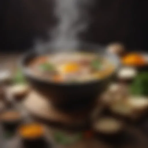 A rich bowl of steaming broth showcasing an array of vibrant ingredients