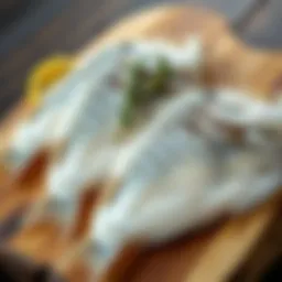 Frozen flounder fillets displayed elegantly on a wooden board