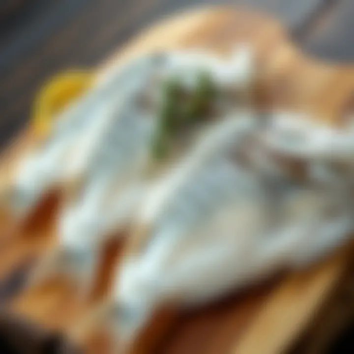 Frozen flounder fillets displayed elegantly on a wooden board