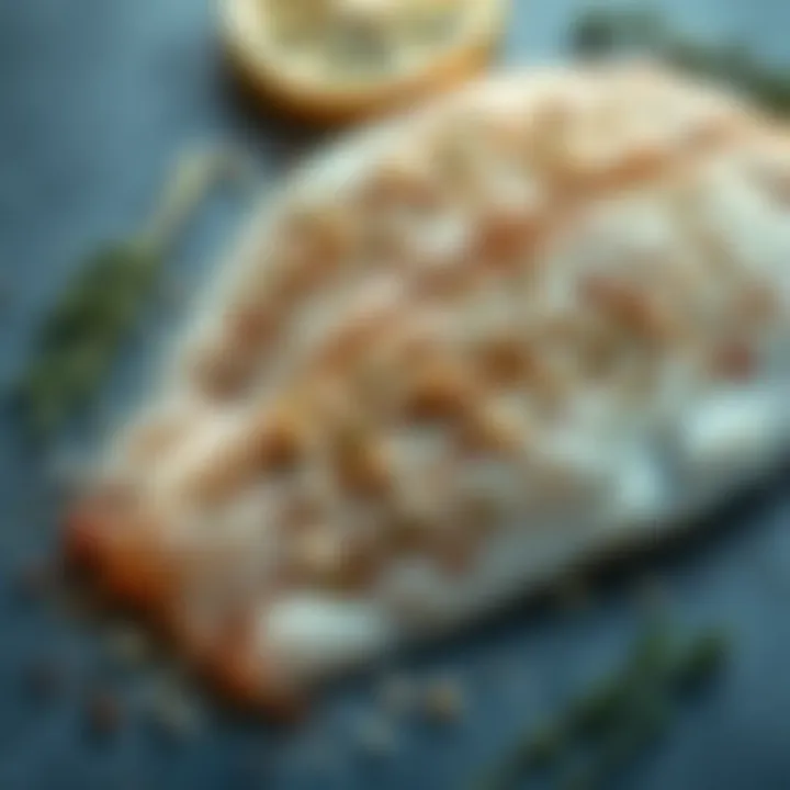 Assorted herbs and spices alongside frozen flounder