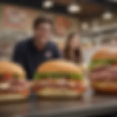 A diverse group of customers enjoying sandwiches in a lively setting