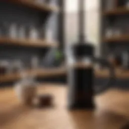 Elegant matte black French press on a wooden table
