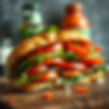 Vibrant Mediterranean Veggie Sandwich A close-up view of the vibrant Mediterranean Veggie Sandwich showcasing fresh vegetables and flavorful spreads.