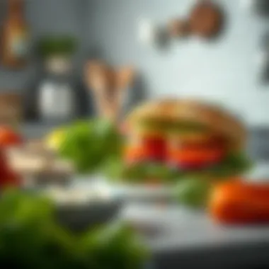 Fresh Ingredients for Culinary Inspiration A serene kitchen scene with fresh ingredients laid out to inspire at-home preparation of the Mediterranean Veggie Sandwich.