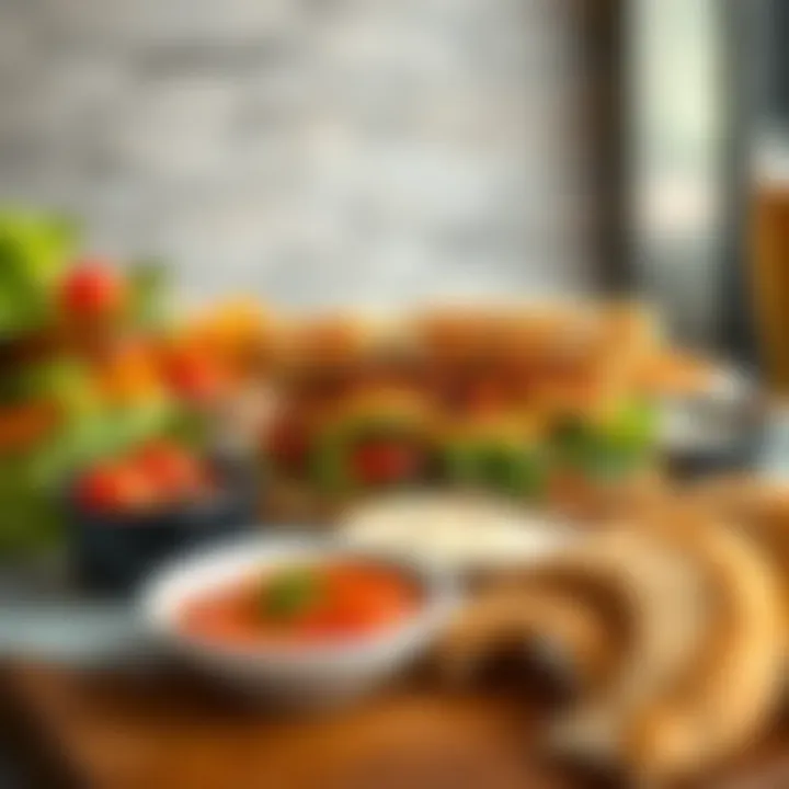 A beautifully arranged platter featuring the Mediterranean Veggie Sandwich with various dips and garnishes.
