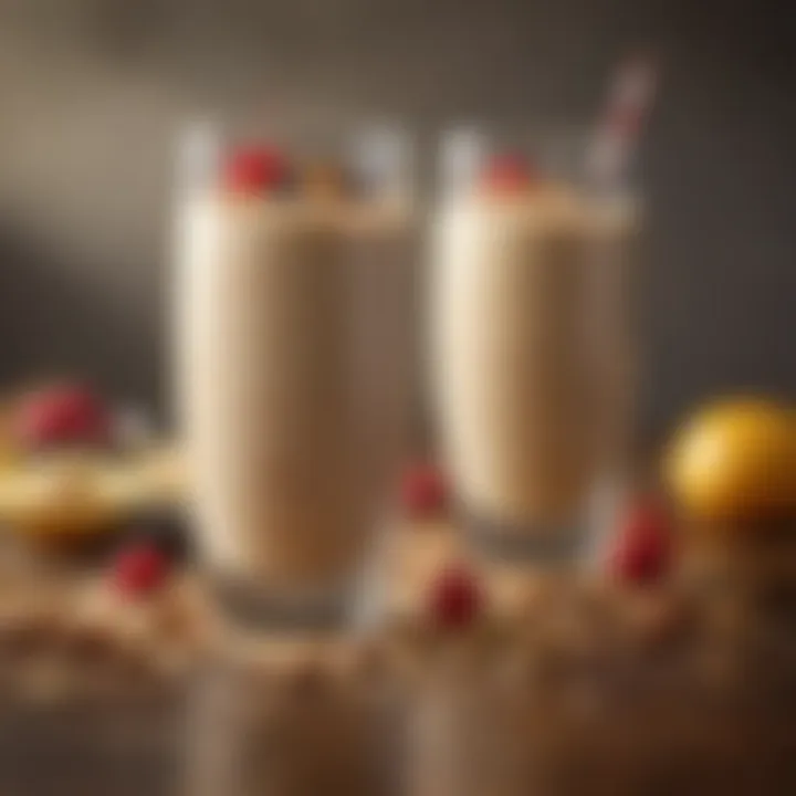 An elegant glass filled with a colorful oatmeal smoothie garnished with nuts