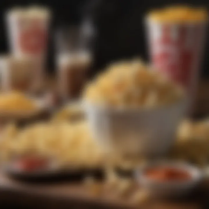 A beautifully arranged snack table featuring popcorn alongside various dipping sauces.