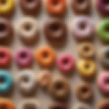 Artistic Arrangement of Donuts Variety of colorful donuts arranged artistically on a board