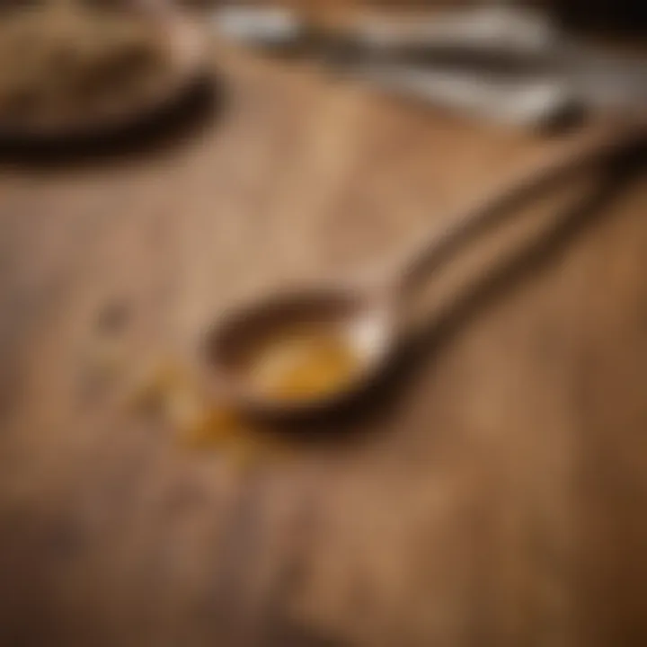 A beautifully crafted wooden scraping spoon resting on a rustic kitchen countertop