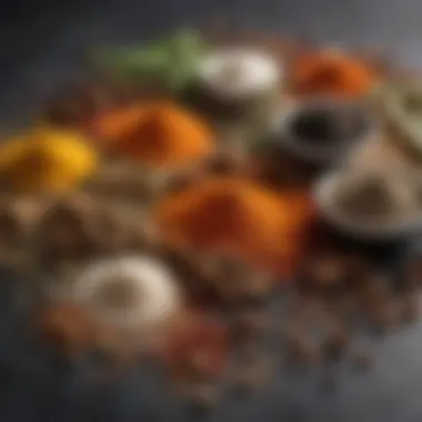 Spice Array Highlighting Flavor Enhancement A beautiful array of spices showcasing salt and pepper's role in flavor enhancement