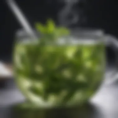 A detailed view of the brewing technique for mint green tea, highlighting steam and aroma.