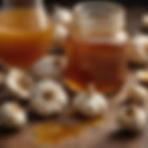 A close-up of garlic cloves and a jar of honey, showcasing their natural textures.
