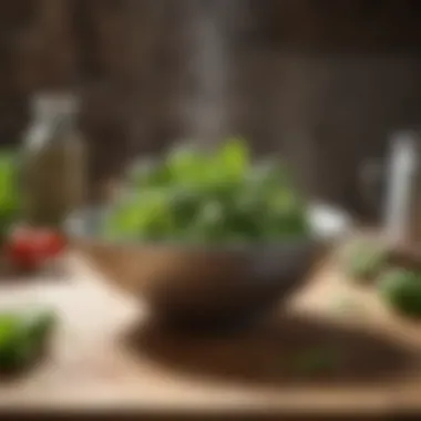 A rustic kitchen setting with basil seasoning being added to a dish.