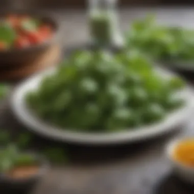 A close-up of fresh basil leaves alongside a variety of dishes.