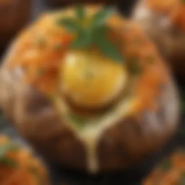 A close-up of a beautifully baked potato with golden skin and fluffy interior, garnished with herbs.