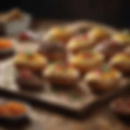 A variety of baked potato toppings artistically arranged on a rustic wooden table.