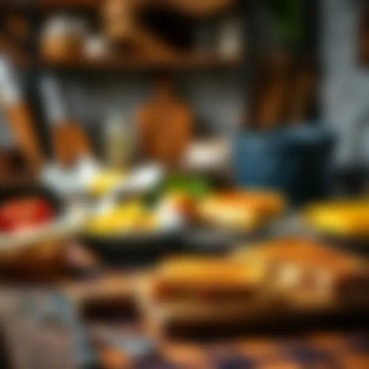 Culinary Inspirations for Grilled Cheese Creation A rustic kitchen setting with ingredients and tools set out for making grilled cheese sandwiches.